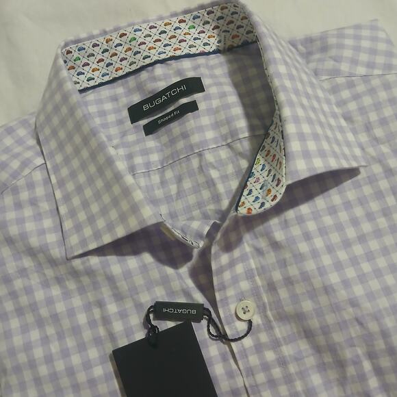NWT Bugatchi XL men's Shaped Fit lavender check 100% cotton flip cuff long-slv - Picture 9 of 16